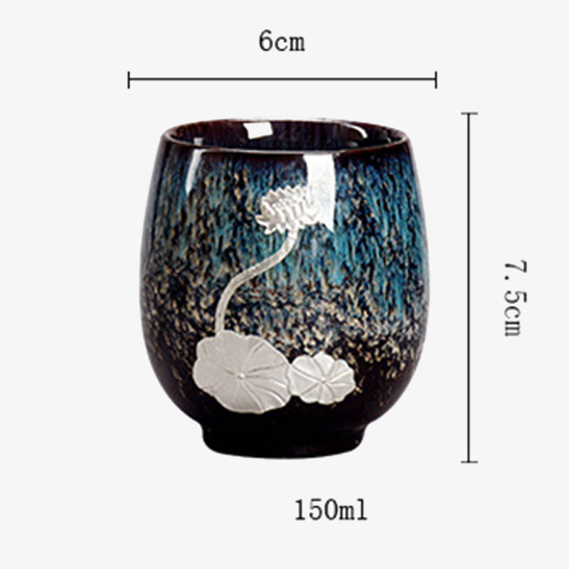 Buddha Stones Silver Lotus Flower Leaf Chinese Jianzhan Ceramic Teacup Kung Fu Tea Cup 150ml Jian Zhan Tea Cup BS 6