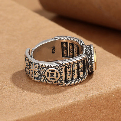 Buddha Stones Tibetan Om Mani Padme Hum Carved Design Copper Coin Purity Rotatable Ring Ring BS 2
