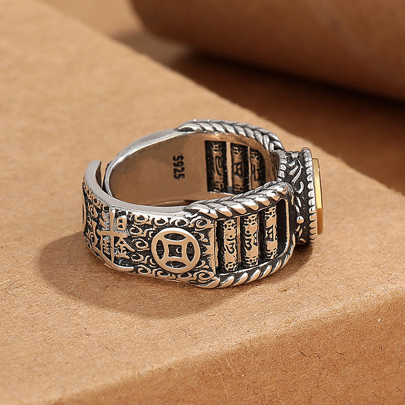 Buddha Stones Tibetan Om Mani Padme Hum Carved Design Copper Coin Purity Rotatable Ring Ring BS 2