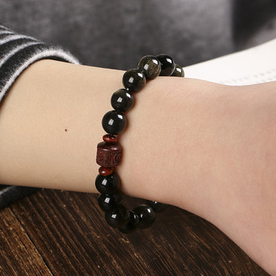 Buddha Stones Natural Gold Sheen Obsidian Rainbow Obsidian Om Mani Padme Hum Fu Character Healing Bracelet Bracelet BS 8