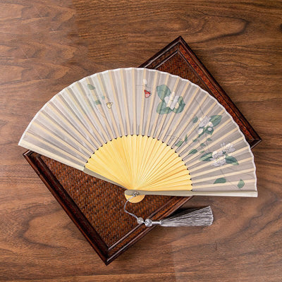 Buddha Stones Jasmine Lotus Begonia Flowers Handheld Bamboo Folding Fan - Jasmine - image 1
