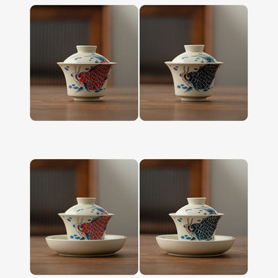 Buddha Stones Koi Fish Arowana Ceramic Gaiwan Sancai Teacup Kung Fu Tea Cup With Lid 130ml Cup BS 38