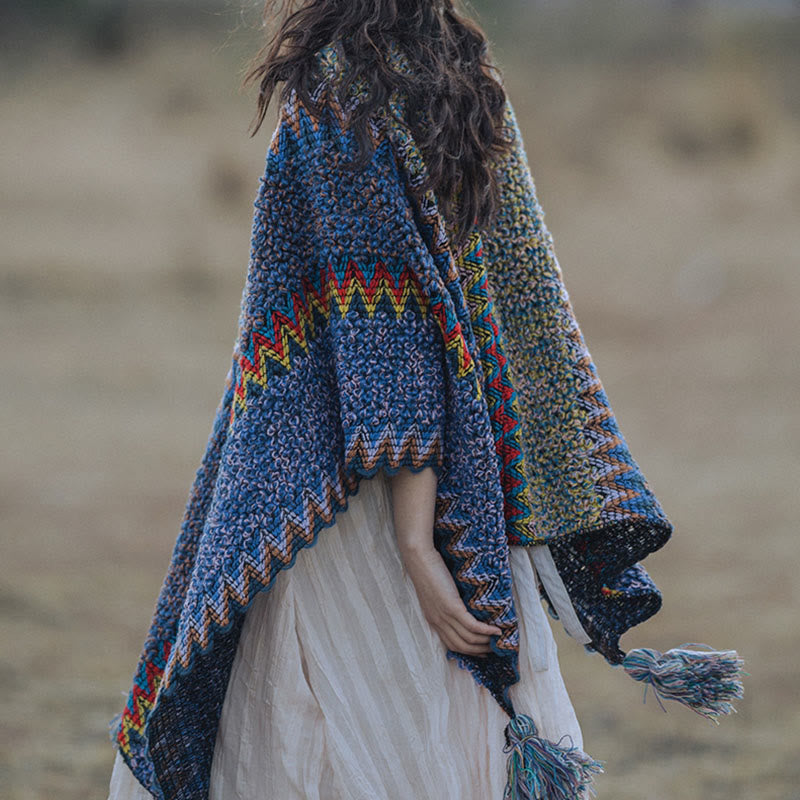Buddha Stones Tibetan Shawl Soft Warm Knitting Cloak Winter Tibetan Tassel Scarf Tibetan Shawl BS 1
