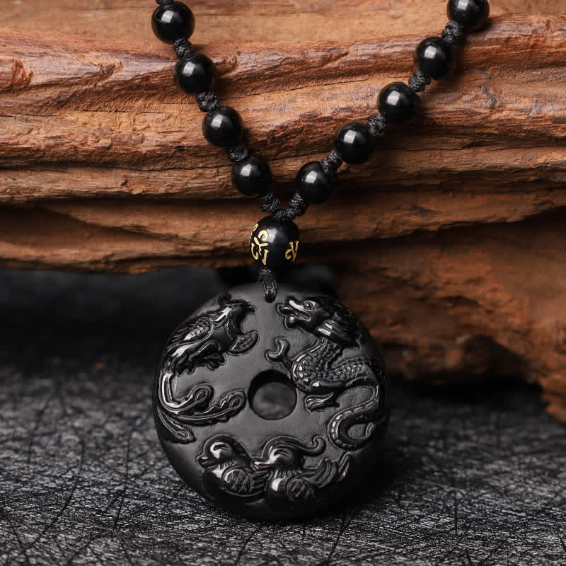 Buddha Stones Black Obsidian Dragon Phoenix Mandarin Duck Luck Protection Necklace Pendant Necklaces & Pendants BS 34mm Black Obsidian&Bead Chain