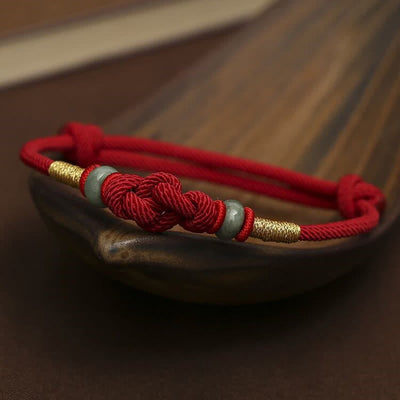 Bracelet couple tressé Foviel à nœud chinois en jade et fil rouge porte-bonheur