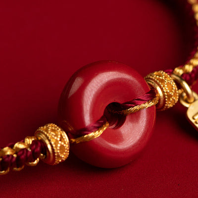 Buddha Stones Natural Cinnabar Peace Buckle Fu Character Charm Blessing Braided Bracelet Bracelet BS 5