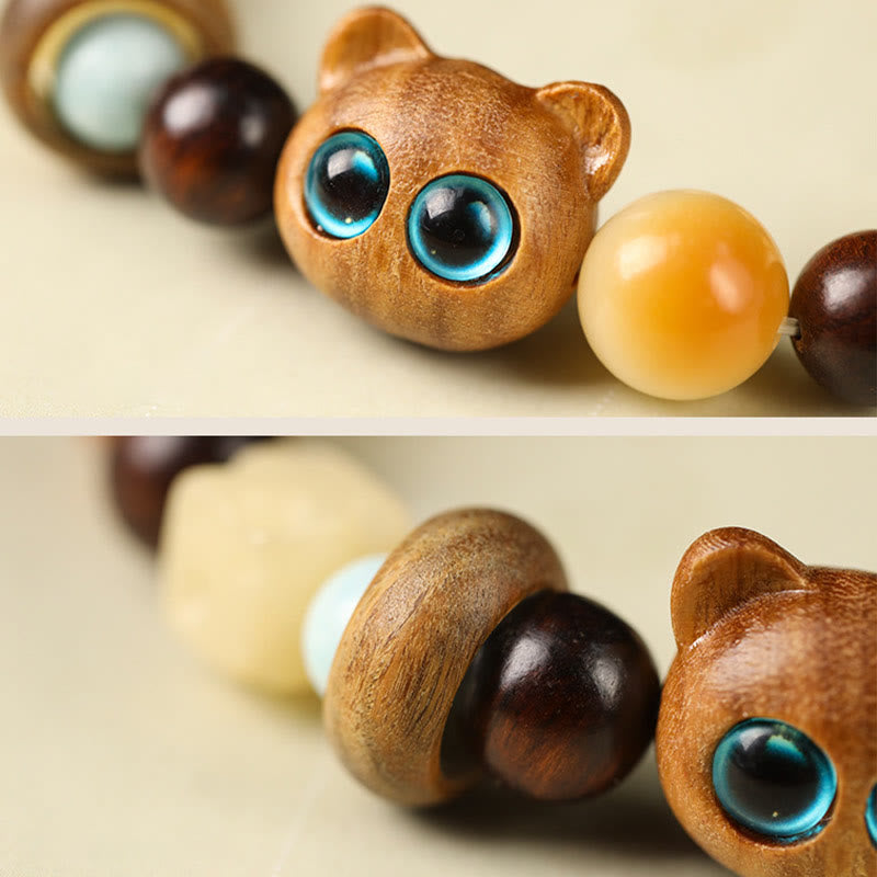 Buddha Stones Natural Bodhi Seed Sandalwood Lucky Cute Cat Head Paw Claw Peace Bracelet Bracelet BS 3