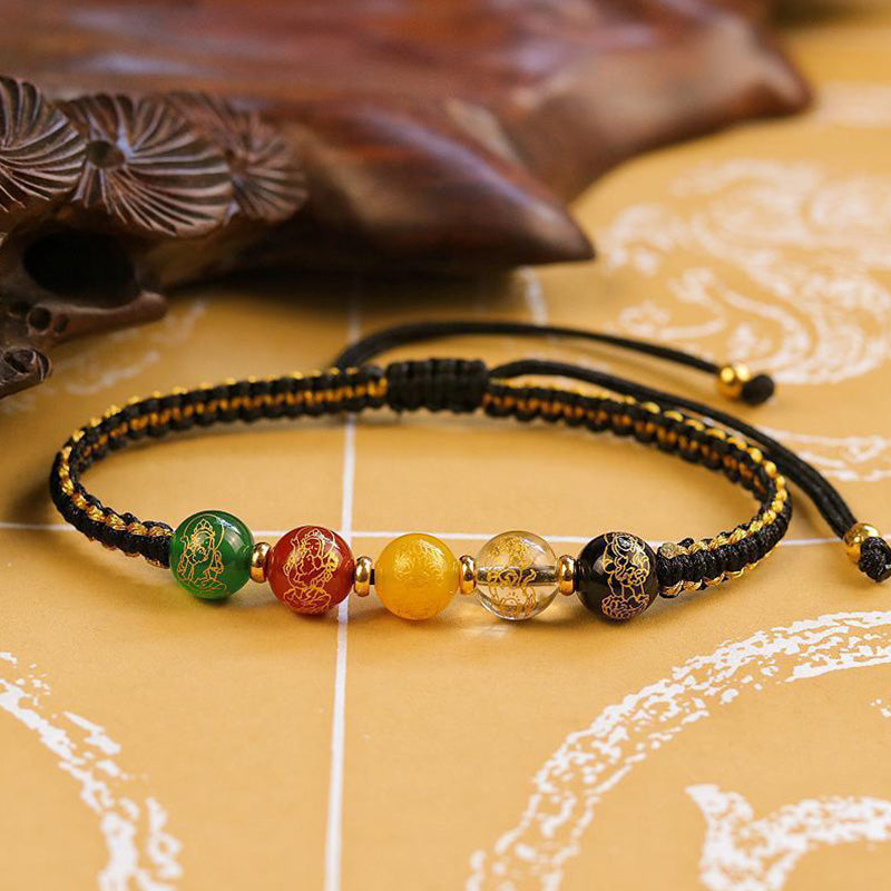 Buddha Stones Five Directions Gods of Wealth Agate Handmade Protection String Braid Bracelet Bracelet BS 1