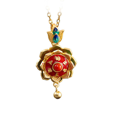 Buddha Stones 925 Sterling Silver Tibet Lotus Prayer Wheel Red Agate Enlightenment Necklace Pendant Necklaces & Pendants BS 10