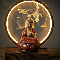 Buddha Stones Buddha Lotus Backflow Smoke Fountain Ceramic Blessing Incense Burner With Light Decoration Incense Burner BS Red Buddha
