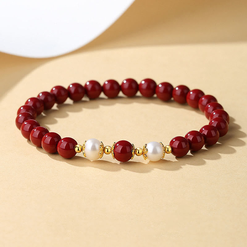 Buddha Stones 925 Sterling Silver Natural Cinnabar Pearl Blessing Necklace Pendant Bracelet Earrings Jewelry Set Bracelet Necklaces & Pendants BS 3