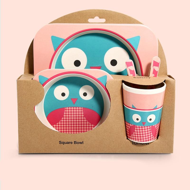 Fidtoy Vajilla de Bambú para Niños – Juego de 5 Piezas Plato Cuenco Taza Cuchara Tenedor para Niños Pequeños