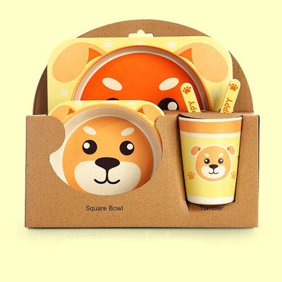 Fidtoy Vajilla de Bambú para Niños – Juego de 5 Piezas Plato Cuenco Taza Cuchara Tenedor para Niños Pequeños