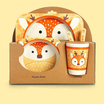 Fidtoy Vajilla de Bambú para Niños – Juego de 5 Piezas Plato Cuenco Taza Cuchara Tenedor para Niños Pequeños