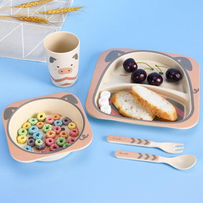 Fidtoy Vajilla de Bambú para Niños – Juego de 5 Piezas Plato Cuenco Taza Cuchara Tenedor para Niños Pequeños