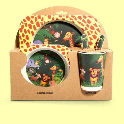 Fidtoy Vajilla de Bambú para Niños – Juego de 5 Piezas Plato Cuenco Taza Cuchara Tenedor para Niños Pequeños