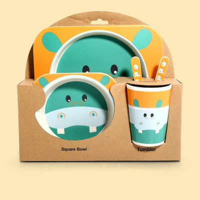 Fidtoy Vajilla de Bambú para Niños – Juego de 5 Piezas Plato Cuenco Taza Cuchara Tenedor para Niños Pequeños