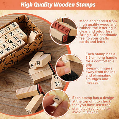 Fidtoy Wooden Number and Letter Stamp Set 40 Pieces Alphabet Rubber Stamps with Inkpad for Kids DIY Cards Scrapbooks Journals Ages 3+