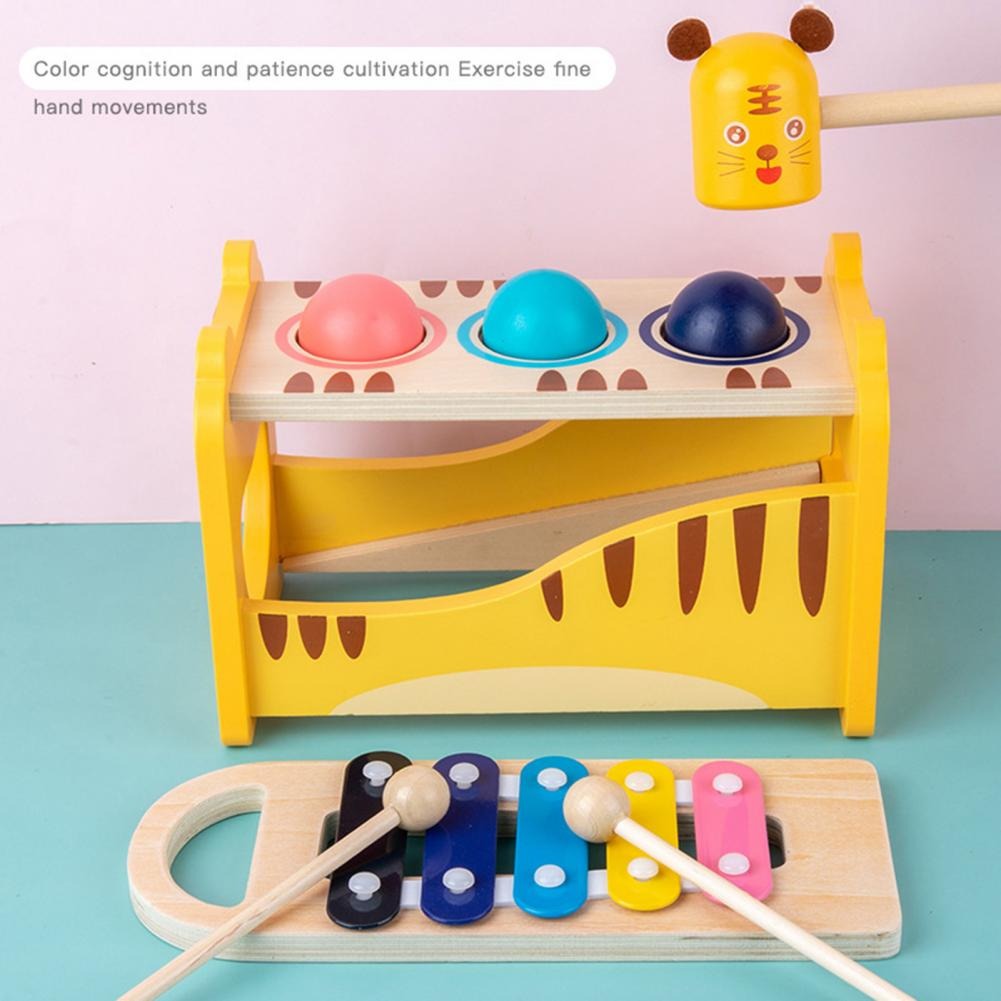 Fidtoy Wooden Tiger Pound Hammering Table with Xylophone, Wooden Hammering Table and Slide-Out Xylophone Music Toy for Fine Motor Skills, Hand-Eye Coordination and Rhythm Play