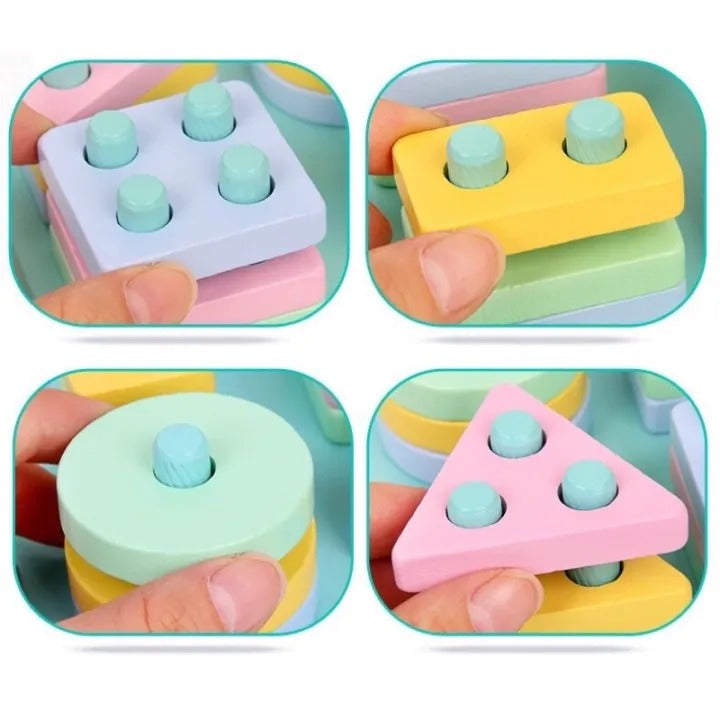 Fidtoy Wooden Four Columns Shape Sorting Kit 17-Piece Color Sorting Stacking Blocks Toy for Kids Ages 2 to 6