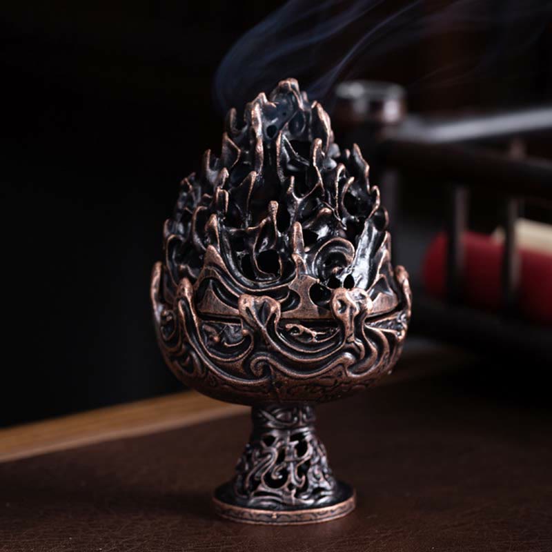 Buddha Stones Tibetan Mini Mountain Pattern Meditation Copper Alloy Incense Burner Incense Burner BS DarkRed 6.6*10.5cm
