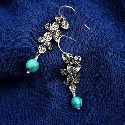 Buddha Stones 925 Sterling Silver Turquoise Lazurite Flower Leaf Serenity Protection Hook Drop Dangle Earrings - image 7