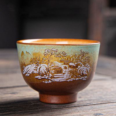 Buddha Stones Colorful Deer Pipa Snow Plum Blossoms Mountains Rivers Bird Ceramic Teacup Kung Fu Tea Cup Bowl Cup BS 7cm*5cm*100ml Snow Plum Blossoms