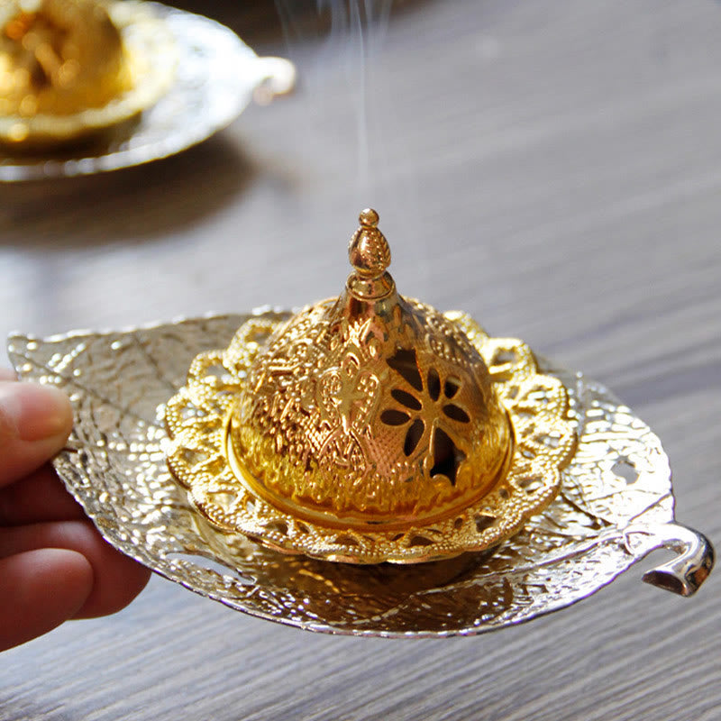 Buddha Stones Tibetan Gold Mini Leaf Coaster Meditation Incense Burner Incense Burner BS 13
