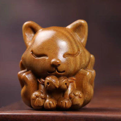 Buddha Stones Mini Nine-Tailed Fox Ivory Fruit Sandalwood Green Sandalwood Blessing Decoration Decorations BS Sandalwood(Protection♥Calm)