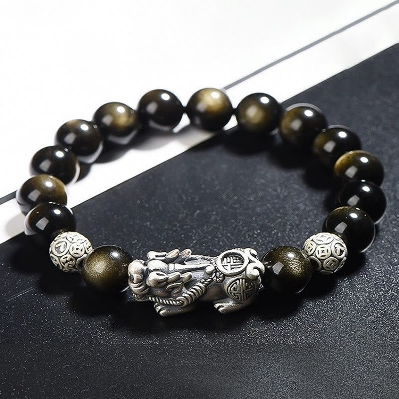 Foviel 925 Sterling Silver Natural Gold Sheen Obsidian PiXiu Wealth Protection Bracelet