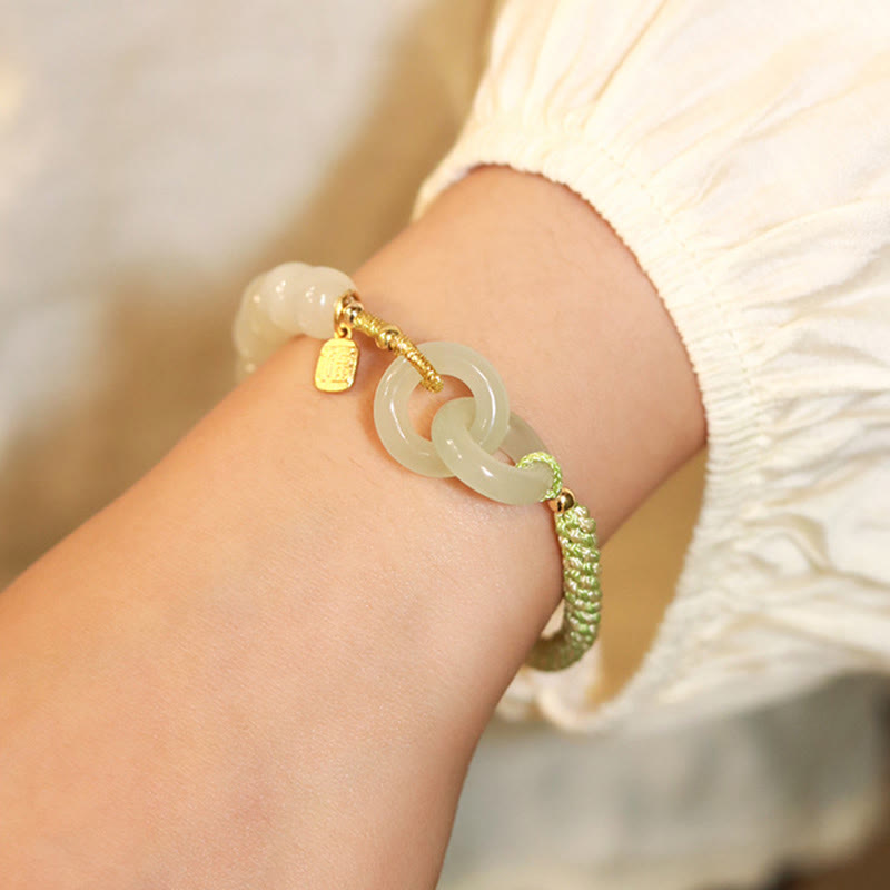 Buddha Stones Natural Hetian Jade Bead Double Peace Buckle Fu Character Abundance Braided Bracelet Bracelet BS 5