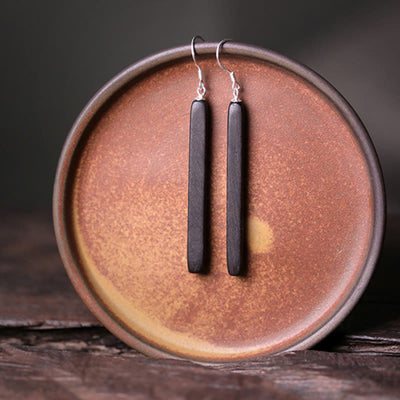 Buddha Stones 925 Sterling Silver Ebony Wood Texture Balance Peace Drop Dangle Earrings Earrings BS 2