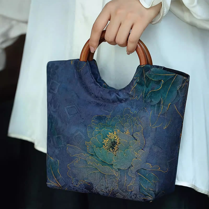 Buddha Stones Peony Flower Bamboo Leaves Bird Solid Wood Handle Handbag Handbags BS 7