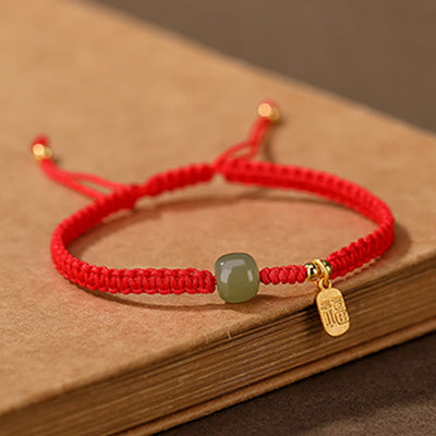 Buddha Stones 925 Sterling Silver Hetian Jade Blessing Wealth Red String Bracelet Bracelet BS 5