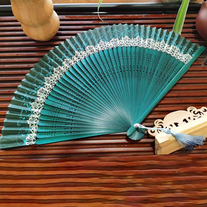 Buddha Stones Simple Hollow Engraved Handheld Bamboo Folding Fan Folding Fan BS 1