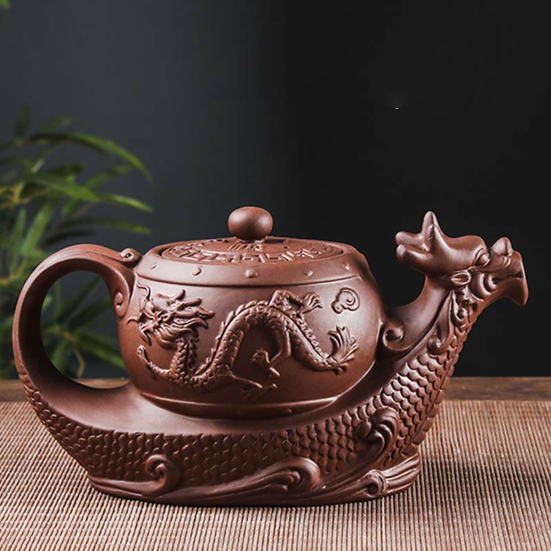Foviel Vintage Dragon Auspicious Clouds Purple Clay Ceramic Teapot