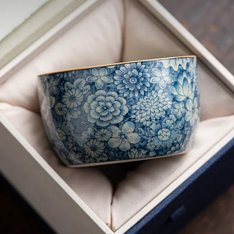 Buddha Stones Blue Lotus Peach Blossom Chrysanthemum Design Ceramic Teacup Kung Fu Tea Cups Cup BS 12