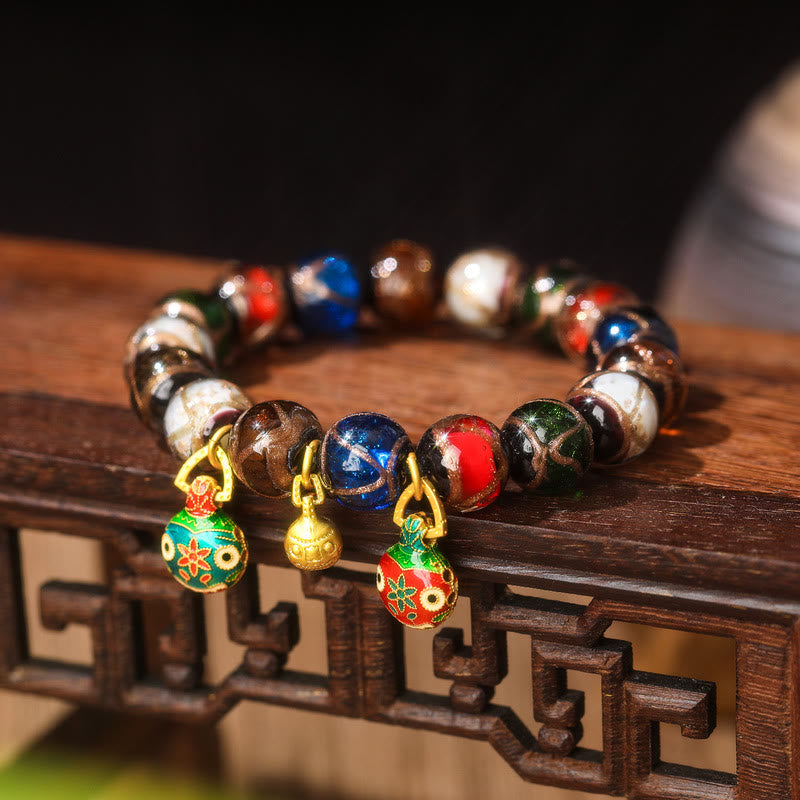 Buddha Stones Five Elements Gold Swallowing Beast Family Charm Liuli Glass Bead Luck Bracelet Bracelet BS Liuli Glass Bead&Copper Gold Swallowing Beast Family 14mm(15 Beads)