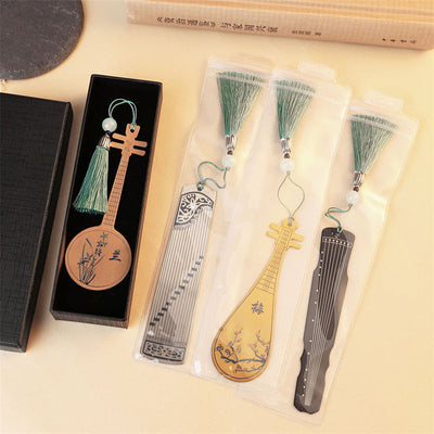 Buddha Stones Classical Musical Instruments Pipa Guzheng Guqin Ruan Metal Bookmarks Tassel With Gift Box Bookmarks BS 27