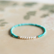 Foviel 925 Sterling Silver Natural Turquoise Pearl Beaded Bracelet