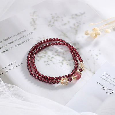 Buddha Stones 14K Gold Plated Natural Garnet Strawberry Quartz Butterfly Protection Double Wrap Bracelet Bracelet BS 5