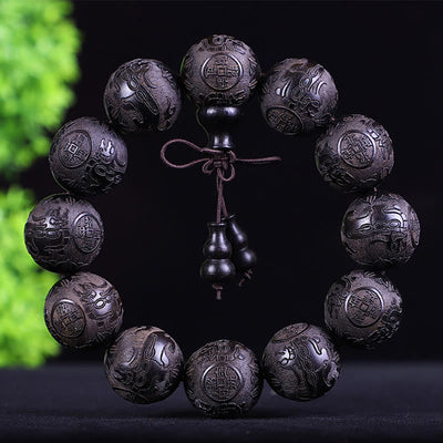 Foviel Chinese Zodiac Rosewood Ebony Copper Coin PiXiu Carved Warmth Bracelet
