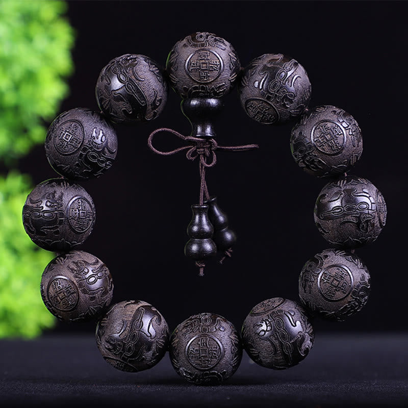 Foviel Chinese Zodiac Rosewood Ebony Copper Coin PiXiu Carved Warmth Bracelet