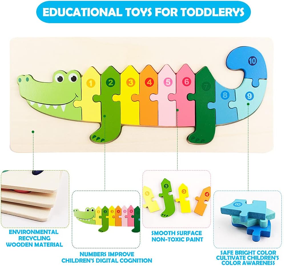 Fidtoy 3D Wooden Crocodile Puzzle Board, Wooden Animal Board for Toddlers, Preschool Matching Puzzle, Fine Motor Color Recognition Toy Ages 2-6