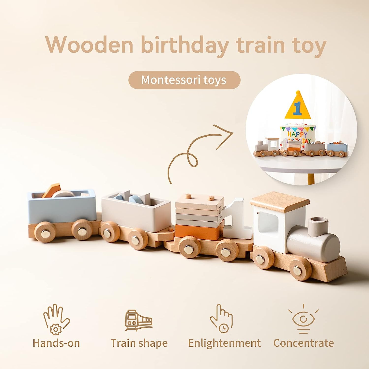 Train d'anniversaire en bois Fidtoy avec blocs numérotés