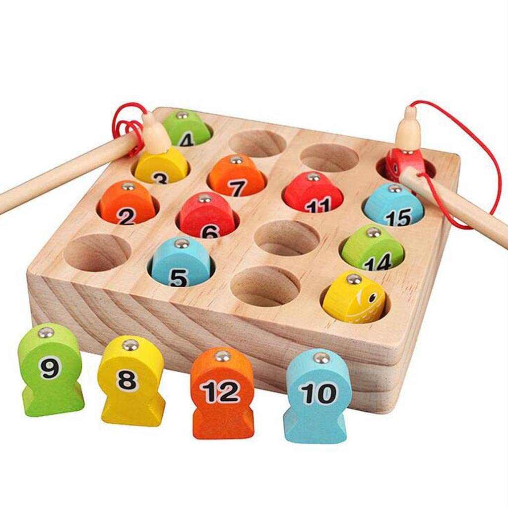 Fidtoy Solid Wooden Digital Magnetic Fishing Game for Kids Ages 2-6, Number Recognition Wooden Fishing Toy with 15 Fish, Double Fishing Rods and Colorful Early Learning Play