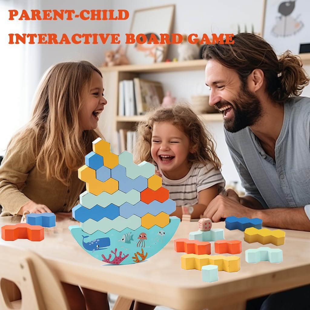 Fidtoy Balance Stacking Board Game Wooden Blocks with Dice