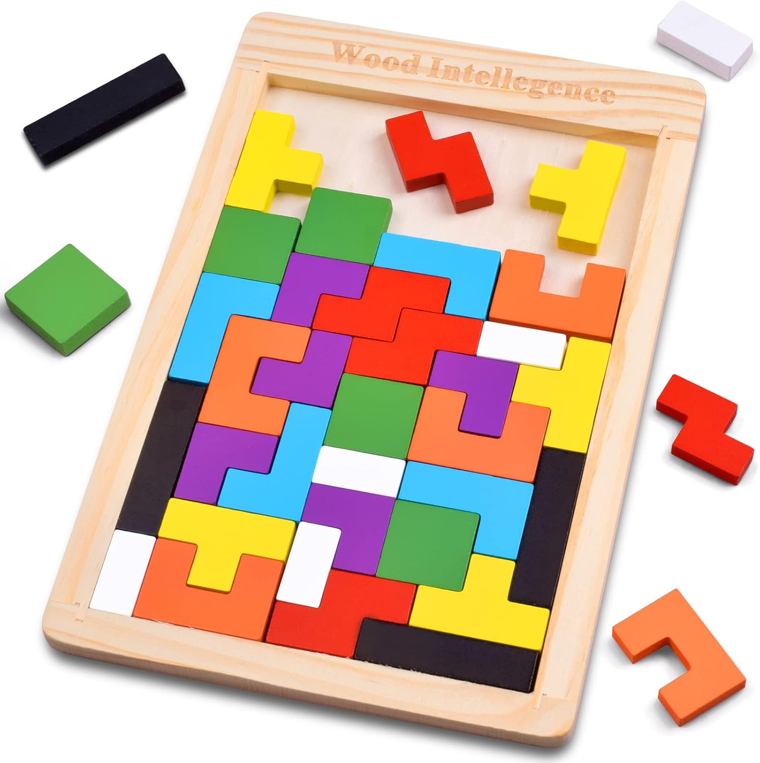 Fidtoy Wooden Russian Blocks Puzzle, 40 Piece Wooden Tetris-Style Block Puzzle with Baseboard, Colorful Shape Sorting Brain Teaser for Spatial Reasoning and Creative Pattern Building Ages 3+