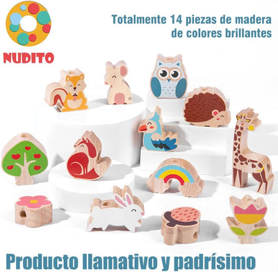 NUDITO Montessori Educational Toy for Children. Wooden Educational Toy for Boys and Girls. Wooden Stacking Blocks for Kids. Pull-Along Toy for Children.
