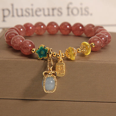 Buddha Stones Natural Strawberry Quartz Crystal Aquamarine Fortune Brand Love Bracelet Bracelet BS Strawberry Crystal  Aquamarine Fortune brand(Wrist Circumference: 14-16cm)